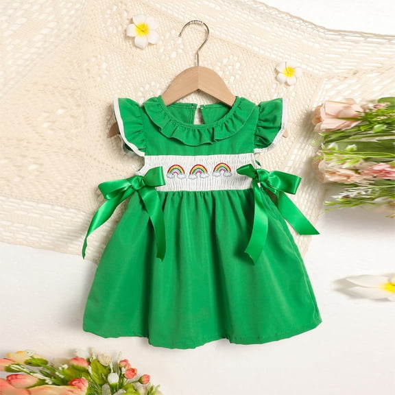 ZEHJUHAN Toddler Girls' Short Sleeve Ruffle Dress, Rainbow Embroidery Bow Detail Back Button Dress Green,9-12M