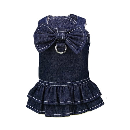 Sprifallbaby Pet Denim Princess Dress Cute Bowknot Spring Summer Puppy Cat Apparel Dog Clothes with Training Leash Buckle