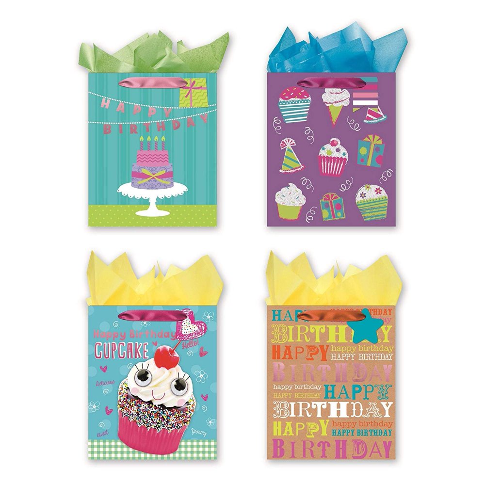 4 Large Party Gift Bags, Birthday Gift Bags Set of 4 Happy Birthday