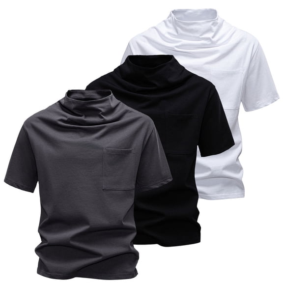 Hfnxid Men's Casual T-Shirts Mock Turtleneck Pullover Tops Short Sleeve Loose Fit T-Shirt Summer Basic Solid Color Tees with Pocket Black L