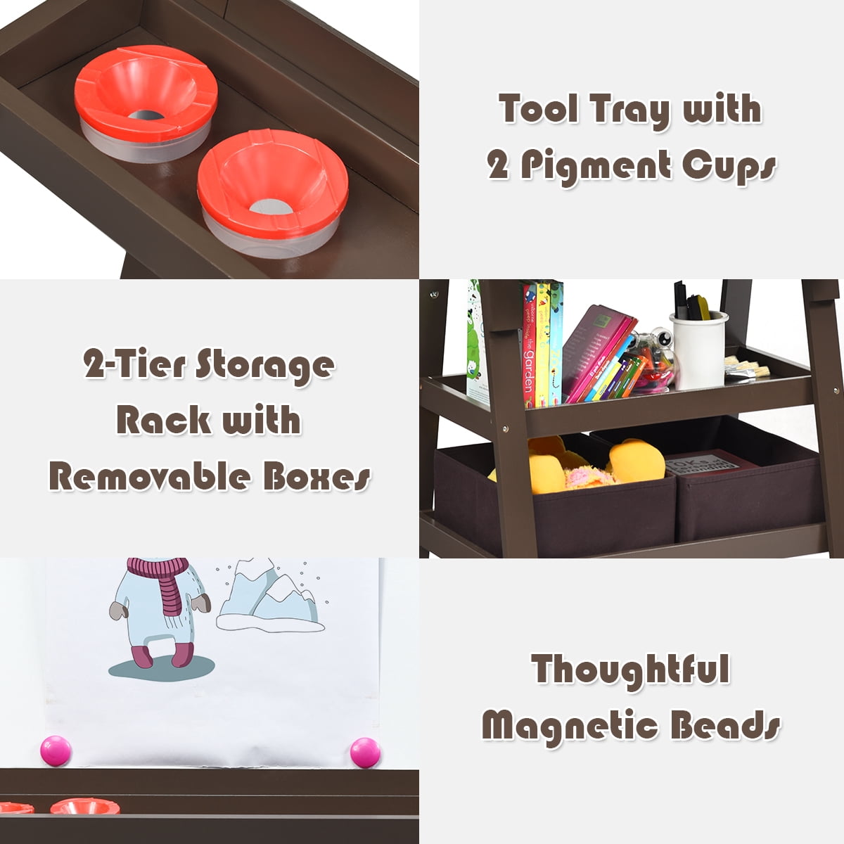 Infans 3 in 1 Double-Sided Storage Art Easel w/ Paint Cups for Toddlers Writing Coffee
