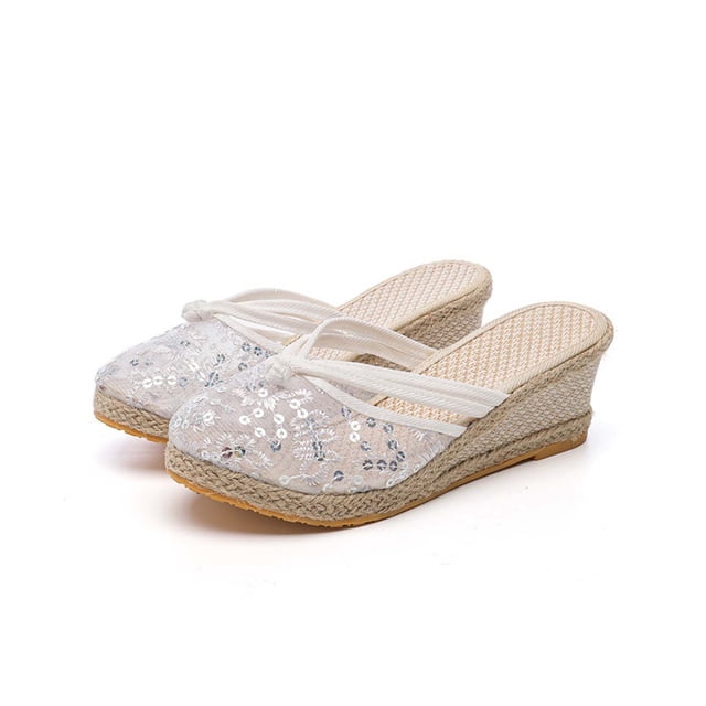 Womens Espadrille Sandals Platform Wedge Close Toe Mesh Sequin Embroidery Slide Flax Non Slip Lightweight Breathable Summer Beach Slippers White