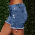 thumbnail image 5 of Ripped Denim Shorts Women's Summer Denim Shorts Light Wash Distressed Mid Waisted Frayed Hem Ripped Jean Shorts Casual Hot Pants Dark Blue M, 5 of 7