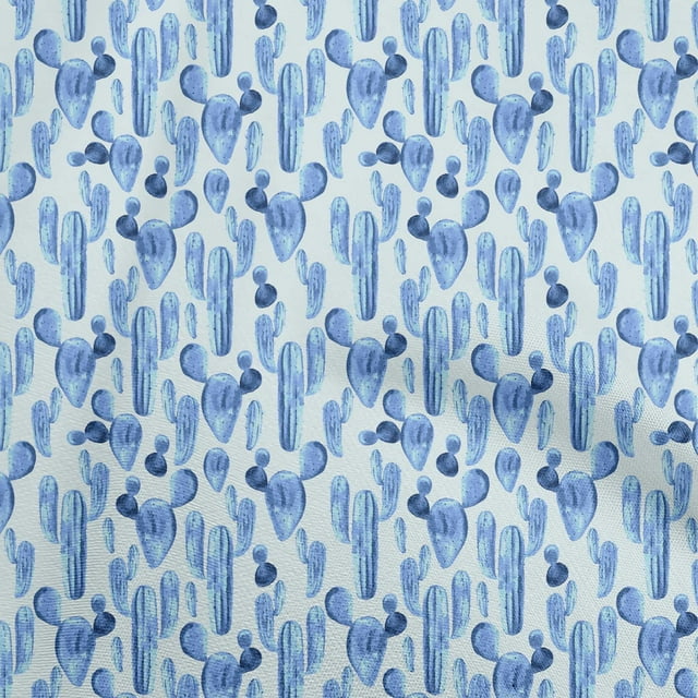 oneOone Cotton Cambric Medium Blue Fabric Cactus Sewing Material Print Fabric By The Yard 56 Inch Wide