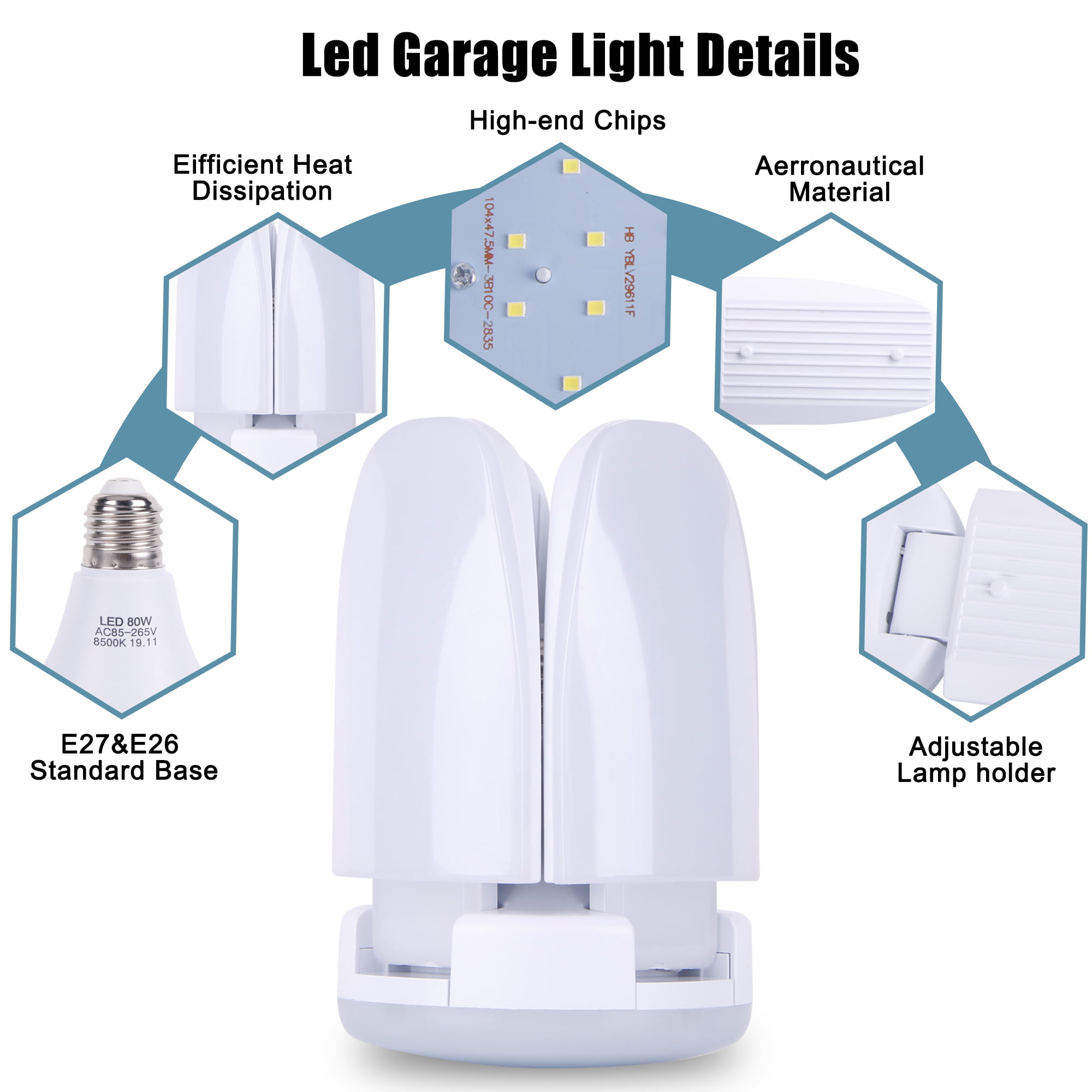 LED Garage Lights, 80W Deformable LED Garage Ceiling Lights 9000