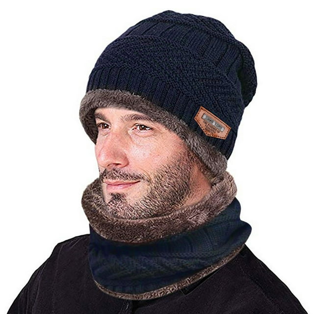 Conjunto de gorro y bufanda de punto cálido para invierno, gorro grueso y resistente al viento, mezcla de lana de 2 piezas, para hombre, para exteriores, ropa para clima frío, viajes