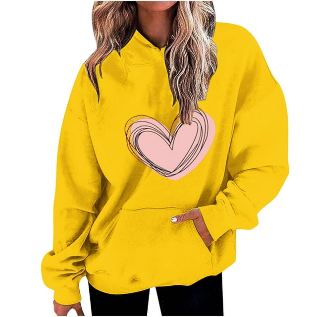 Plebaso Women's Heart Printed Hoodies Drawstring Long Sleeve Sweatshirts Loose Pullover Tops with Pockets
