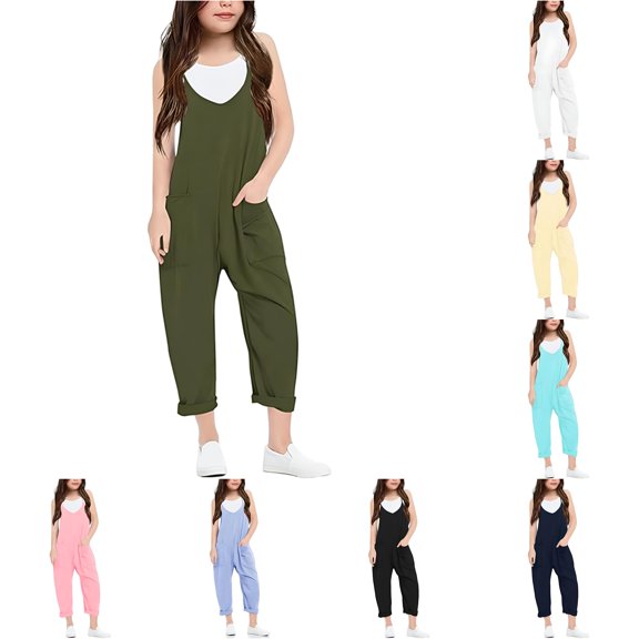 Huowey Kids Girls Teen Overall Pants Summer Lightweight Fashion Casual V Neck Suspenders Romper Solid Loose Fit With Pocket Comfortable Wide Leg Stylish Casual Trousers,Army Green,4-5 Years