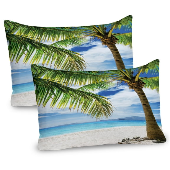 Ambesonne Tree Pillow Sham 2 Pack, Sandy Beach Sunny, 36"x20", Coconut Green Blue