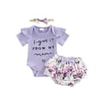 thumbnail image 1 of Seyurigaoka Newborn Girl Short Pants Outfits, Short Sleeve Embroidery Letter Romper + Ruffles Decor Shorts + Bow-Knot Headband Set, 1 of 8