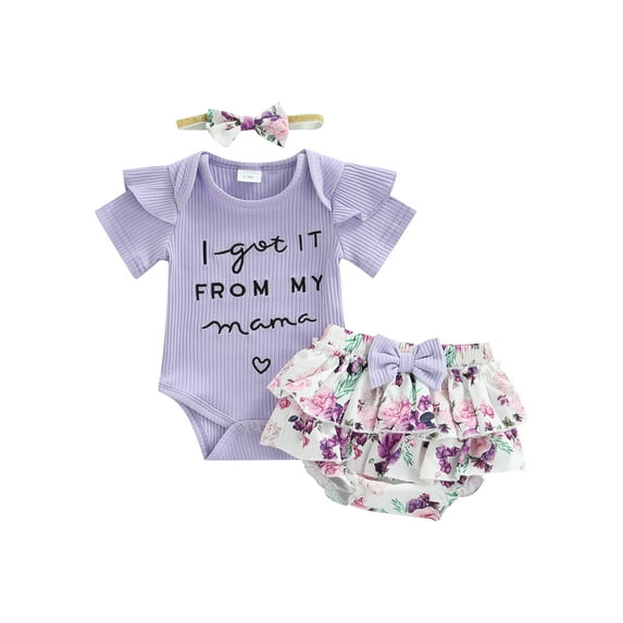 Seyurigaoka Newborn Girl Short Pants Outfits, Short Sleeve Embroidery Letter Romper + Ruffles Decor Shorts + Bow-Knot Headband Set