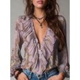 thumbnail image 6 of Women Vintage French‑Style Chiffon Printed Blouse, Deep‑V Neck Ruffle‑Sleeve Summer Vacation Tops, 6 of 9