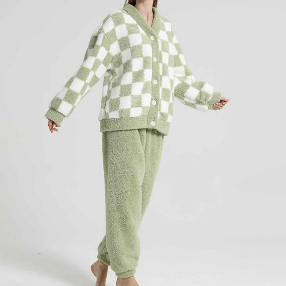 CALAFEBILA Pj Sets for Women Womens Button Down Pajama Sets Nightshirts Fleece Plaid Checked Notch Collar Tops Pants