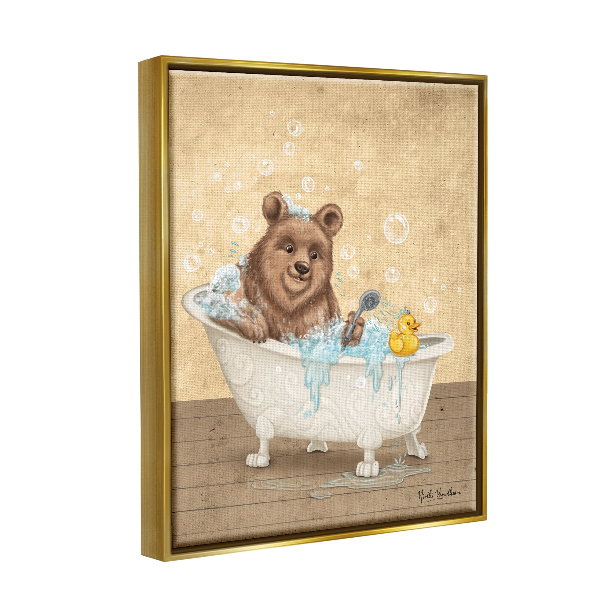 Stupell Industries Bear & Rubber Duck Bath Animals & Insects Painting Gold Floater Framed Art Print Wall Art, 17 x 21