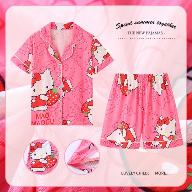 Pijamas Kawaii de Anime Sanrios para niños, lindos Mymelody Kuromi Cinnamoroll, cárdigan de verano de manga corta con dibujos animados, ropa para el hogar, trajes, regalos