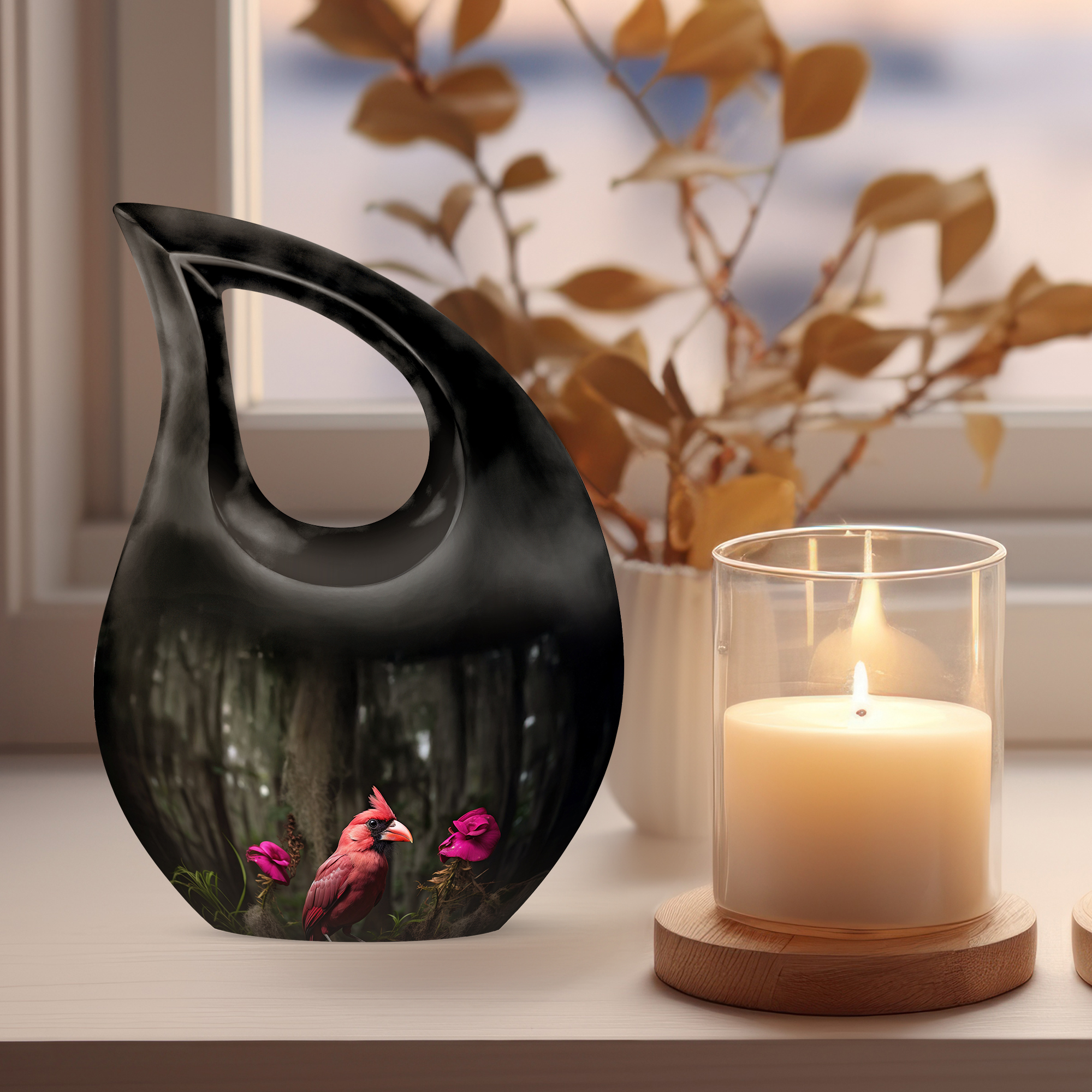 MUKTIVE Adult Urn Red Cardinal Bird Cremation Urn Male & Female - Black Cross Drop Large Funeral Burial Urns for Human Ashes - Handcrafted Memorial Gifts for Loss - Cremains Holder (10 Inch)