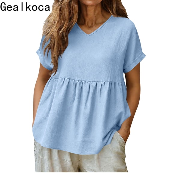 Gealkoca Womens T Shirts Ruffle Short Sleeve V Neck Casual Linen Tops Summer Fashion Clothes Women Linen Solid Color Pullover Pleated Beach Shirts