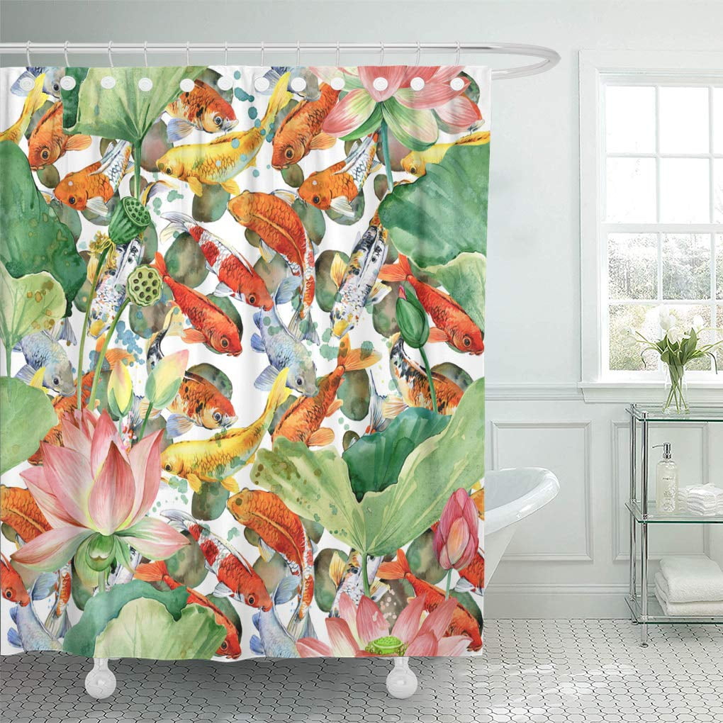 CYNLON Pink Carp Koi Flower Lotus Fish Watercolor Pond Red Bathroom