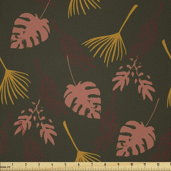 Ambesonne Palm Leaf Fabric by the Yard Microfiber, Earthy Colors Tropical, 5 Yards, Coral and Orange