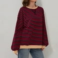thumbnail image 2 of Womens Oversized Shirts Fashion Striped Color Block Long Sleeve Round Neck Tunic Blouses Relaxed Fit Casual Workout Basic Tees, 2 of 9