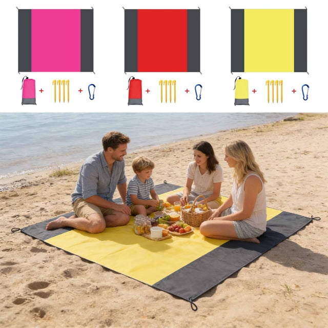 Polyester Beach Mat 200x210cm Yellow Waterproof Beach Mat Foldable Polyester Picnic Mat with Storage Pockets and Thumbtacks for Outdoor Camping(1 Set) by JASKFLY