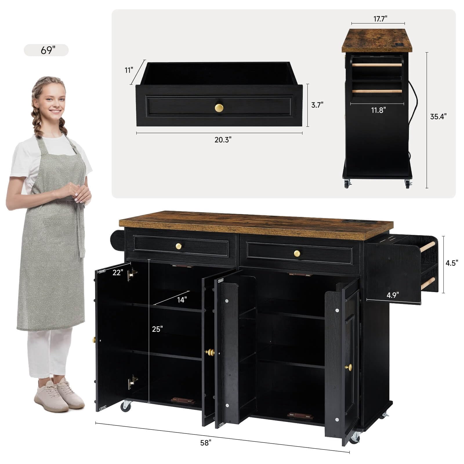 ROGALIS Mobile Kitchen Island, 58" Rolling Island Cart with Power Outlet, Island Table for Kitchen, Black