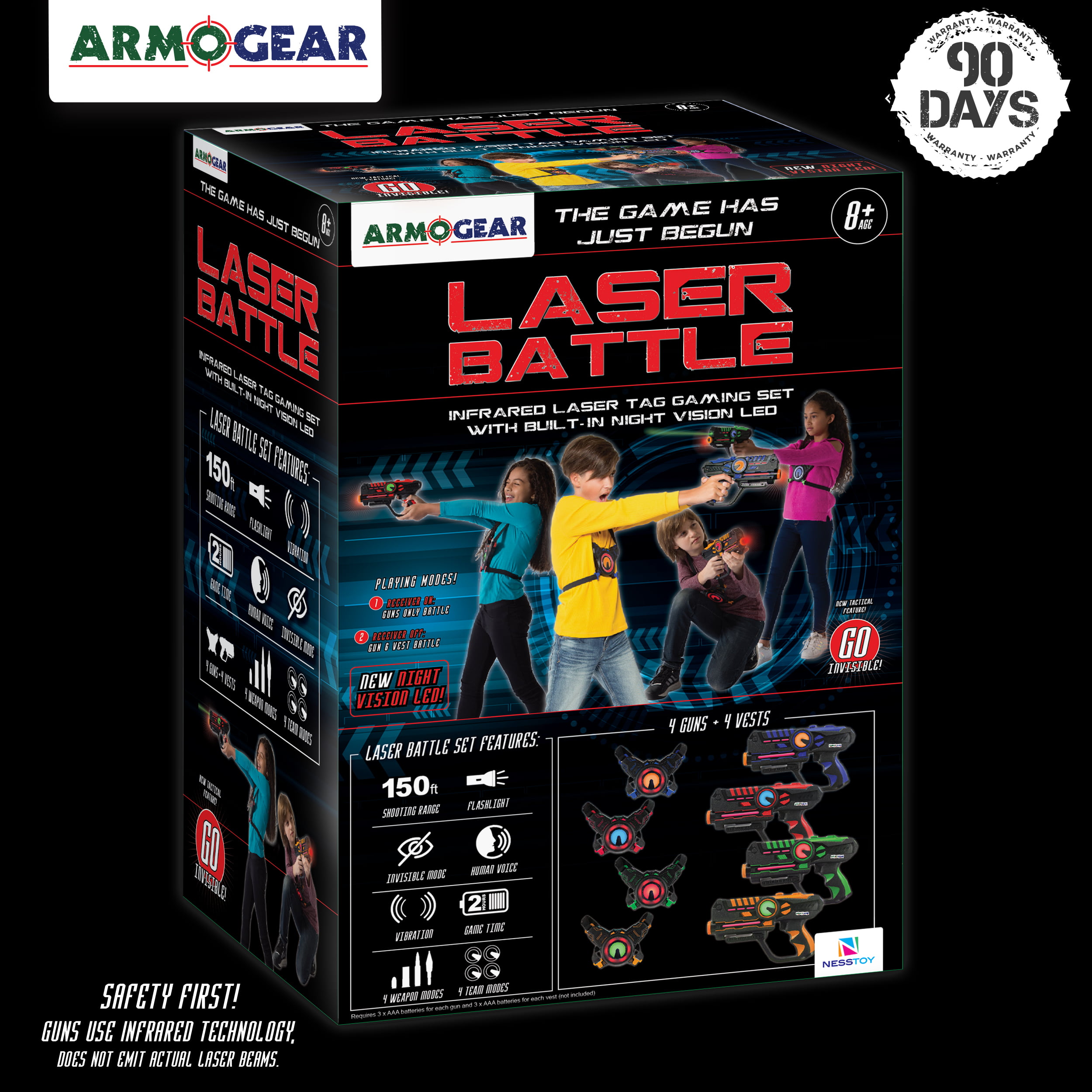 Battle Mega Pack 0.9mW Set of 4 ArmoGear Infrared Laser Tag Blasters & Vests 