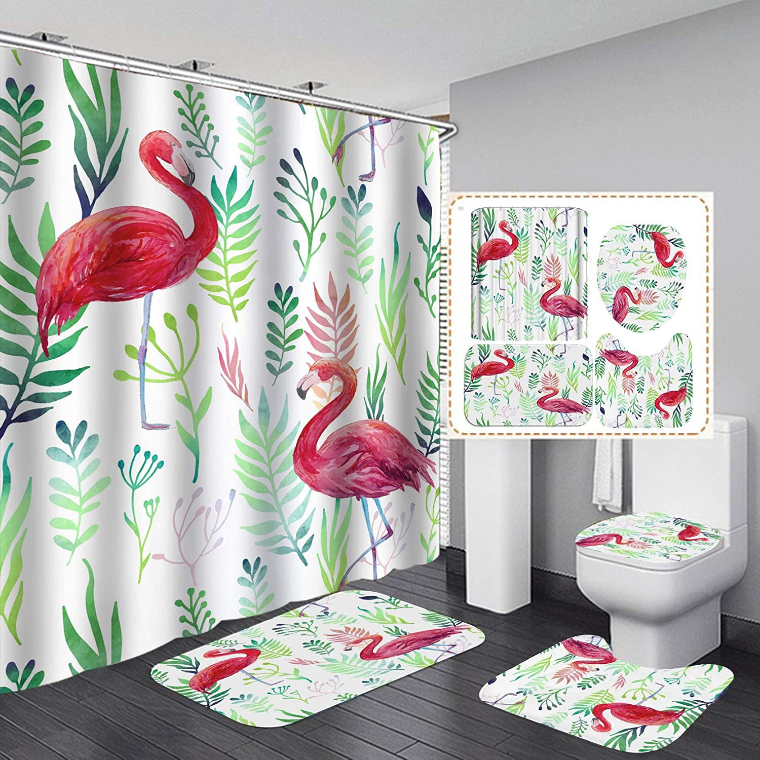 Hand Drawn Flamingo Leaf Waterproof Fabric Shower Curtain Hooks Bath Mat Set 72" 