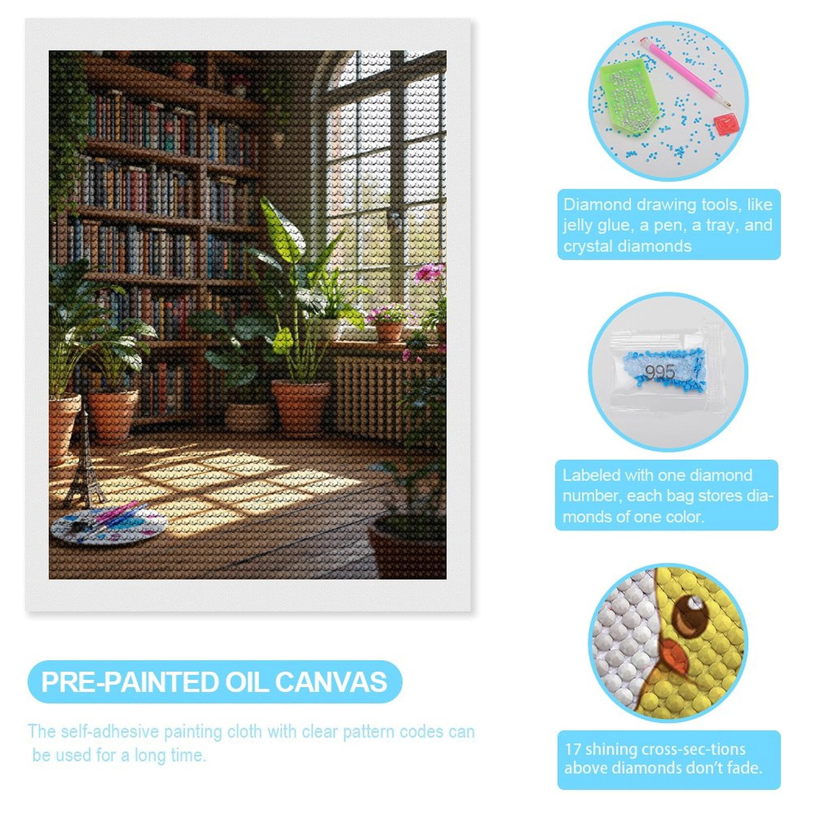 Diamond Art Kits for Adults, Books Plants Sunlit Room Decor 5D Diamond Painting Kits for Adults Beginners, DIY Full Drill Diamond Painting, Gem Art and Crafts 12x16