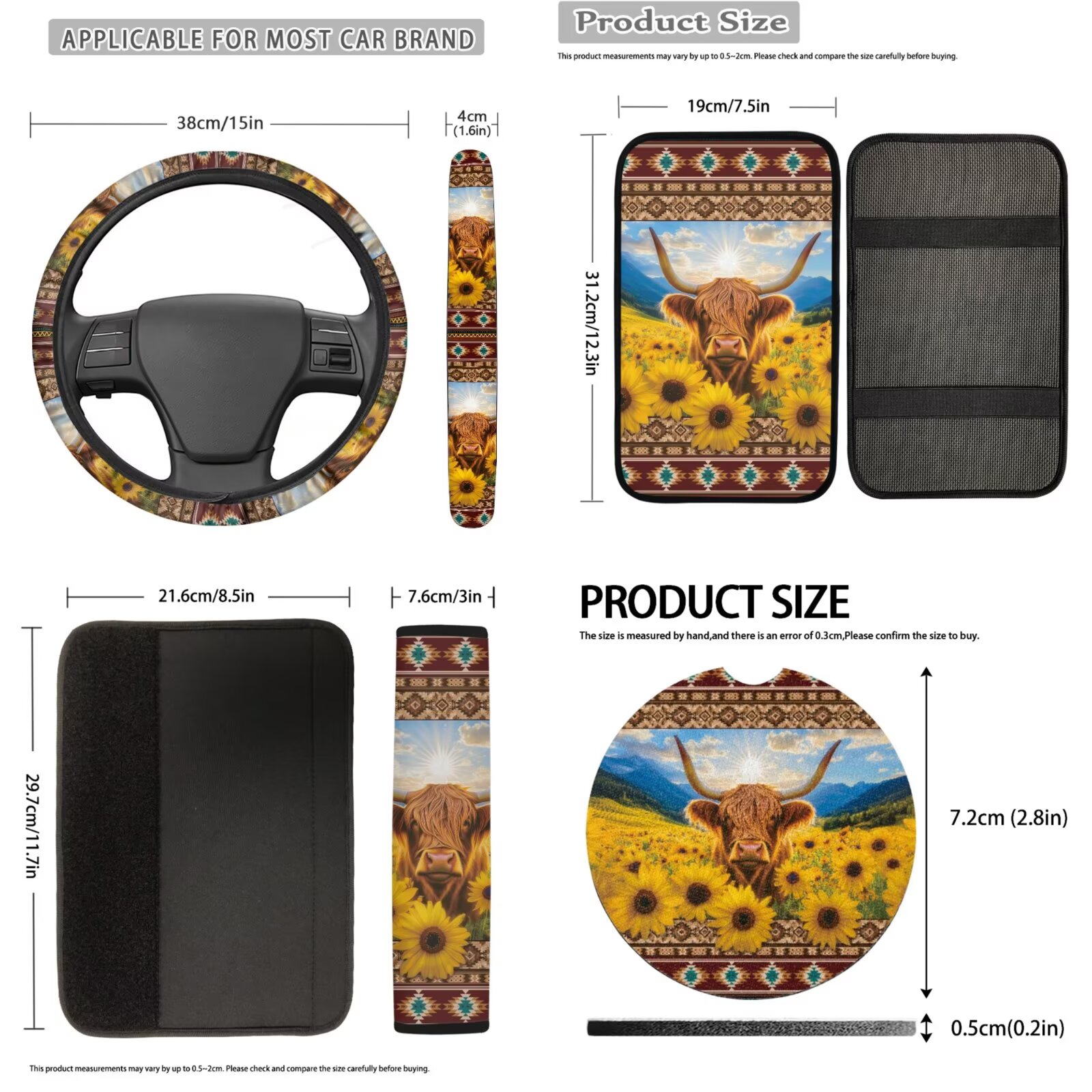 Uorisanigo Aztec Highland Cow 18 Pcs Front & Rear Seat Covers Full Set+Safety Seat Belt Pads+Steering Cover+Auto Armrest Covers+Headrest Cushion+Shift Knob Cover+Handbrake+Coasters+Keychain