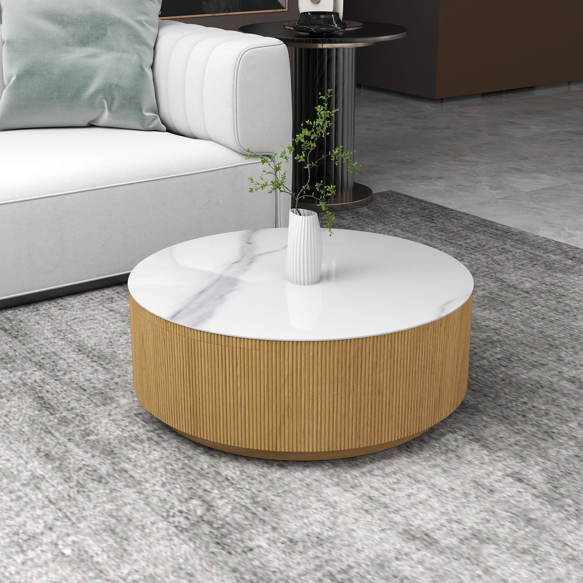 Magic Home Modern Round Coffee Table with Two Drawers,Circle Coffee Table Space-Saving Multiple Purpose for Living Room,dining room and home office,Wood color