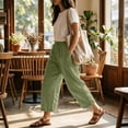 thumbnail image 6 of Wide Leg Capri Pants Women Flowy Cotton Drawstring Elastic Waist Cropped Pants Summer Casual Boho Beach Pants with Pockets Mint Green, 6 of 9