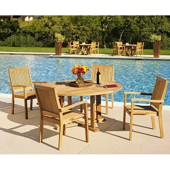 Teak Dining Set:4 Seater 5 Pc - 60" Round Table And 4 Stacking Arm Leveb Chairs Outdoor Patio Grade-A Teak Wood WholesaleTeak #WMDSLV6