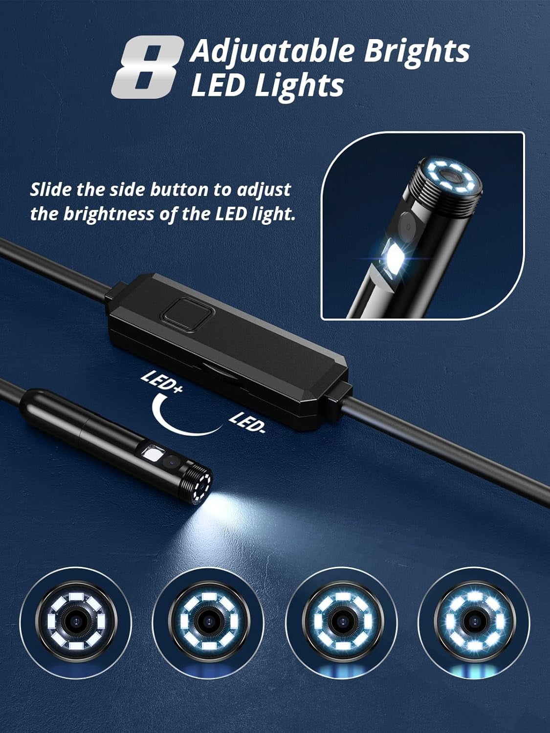 Endoscope Camera with Light, Dual-Lens 1920P HD Borescope with 8 Adjustable LED Lights, IP67 Waterproof Boroscope Inspection Camera Tools, 9.8ft Semi-Rigid Snake Camera for iOS & Android