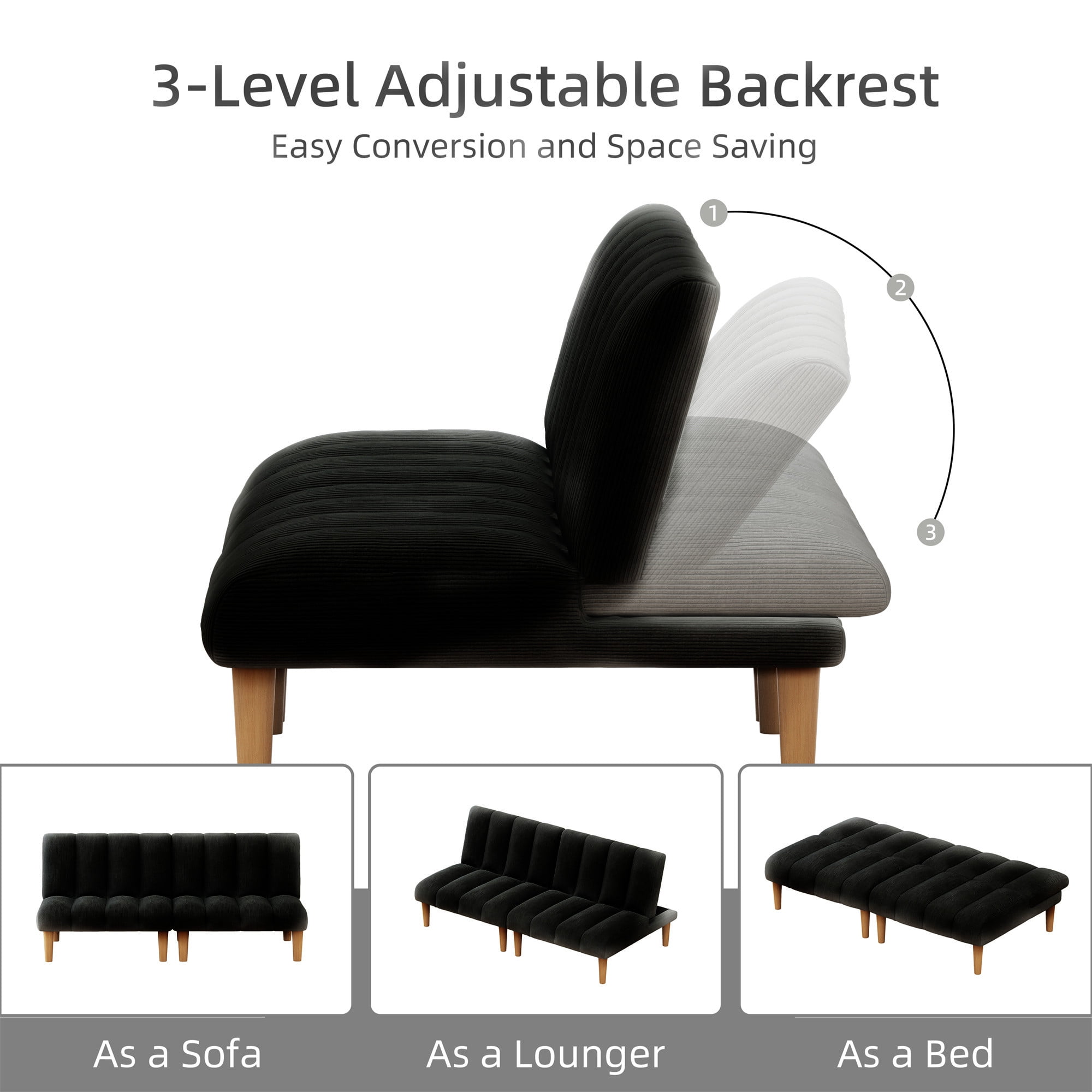 Aukfa Upholstered Futon Convertible Sofa Bed 8 Legs Futon Couch, Corduroy, Black