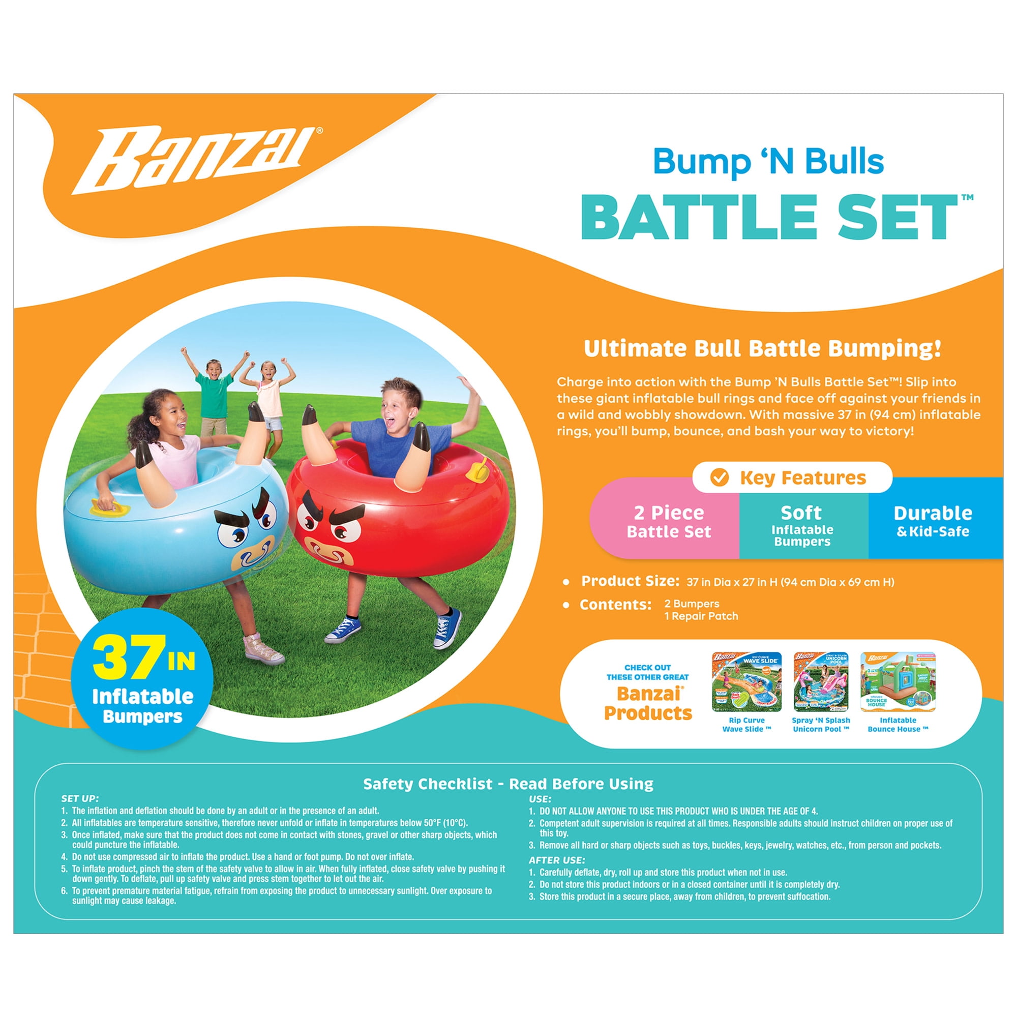 Banzai: Bump ‘N Bull Battle Set - Red & Blue, 2 Inflatable Body Bumper Toys, 37" Animal Ring Boppers, Bouncer Grip Handles, Outdoor Game Play, Kids 4+