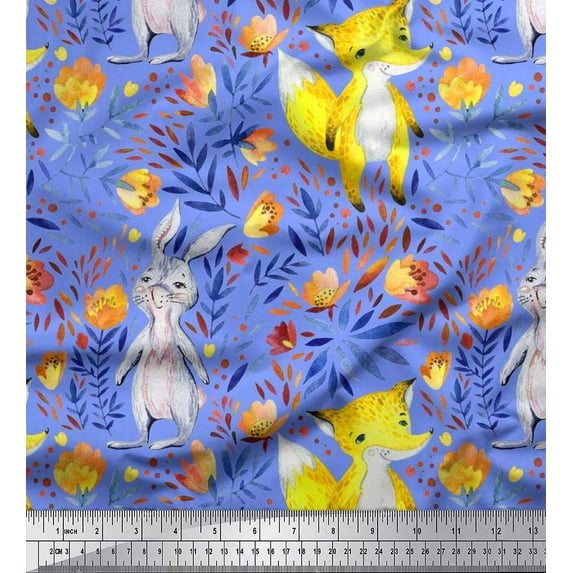 Soimoi Satin Silk Fabric Fox & Bunny Kids Printed Fabric 1 Yard 42 Inch Wide