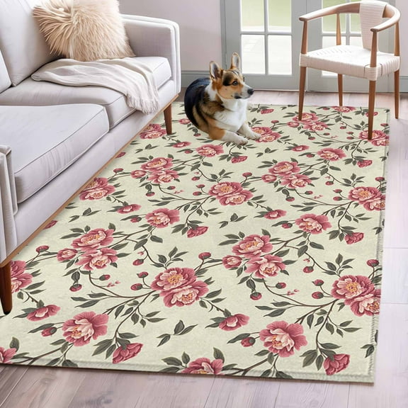Red Roses Spring Area Rug 3x5 Washable Rug Non Slip Farmhouse Flower Botanical Large Area Rug Indoor Floor Carpet for Entryway Bedroom Kitchen Living Room Home Office Dining Room Nursery