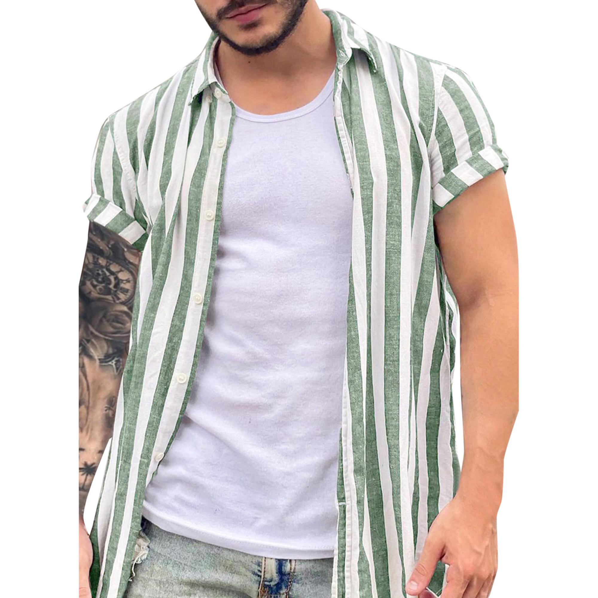 Mytrendy Men Button Down Lapel Neck Short Sleeve Striped Casual