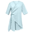 thumbnail image 5 of Vestido mediano de manga corta con cuello en V de lino para mujer: color liso, cómodo, se ajusta a la talla, para la playa o para llevar por la calle; tallas S-XXXL, 5 of 5
