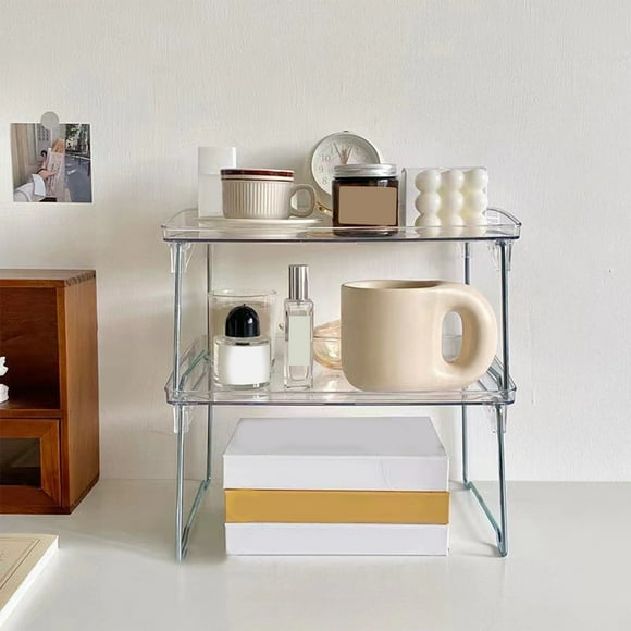 Desk Shelf For Top of Desk,Clear Acrylic Cabinet Shelf Foldable Kitchen Counter Shelf Rack Stackable Storage Stand Organizer For Bathroom Pantry Countertop Cupboard, 1 Piece,12.2X8.7X6.6In