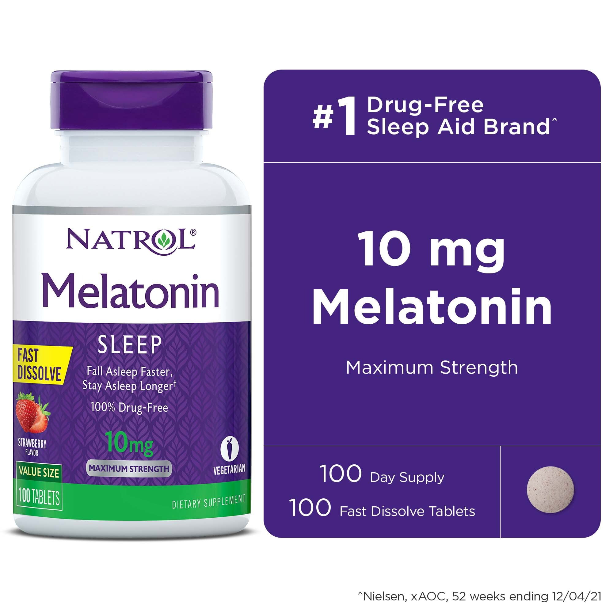 Natrol Melatonin 10mg, Sleep Support, Maximum Strength, Strawberry Fast Dissolve Tablets, 100ct