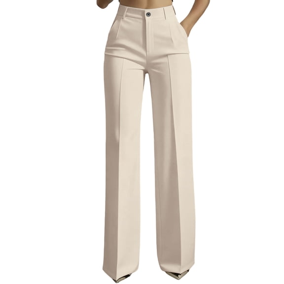 Dwellite Womens Dress Pants Business Casual Wide Leg Office Work Slacks Stretchy Straight High Waisted Trousers Beige S