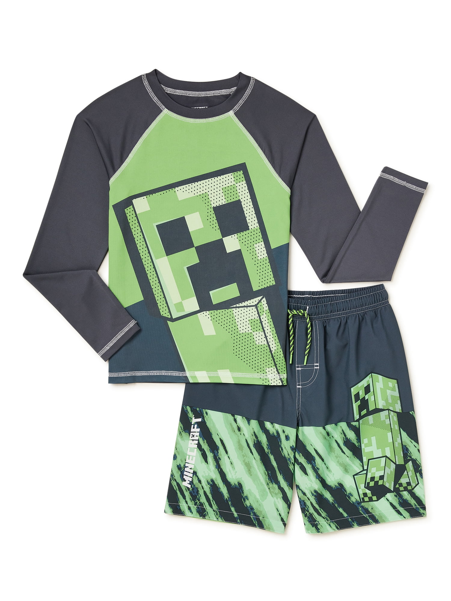 Minecraft Boys Long Sleeve Rashguard & 4 Way Stretch Swim Trunks, 2-Piece Swim Set, Sizes 4-16