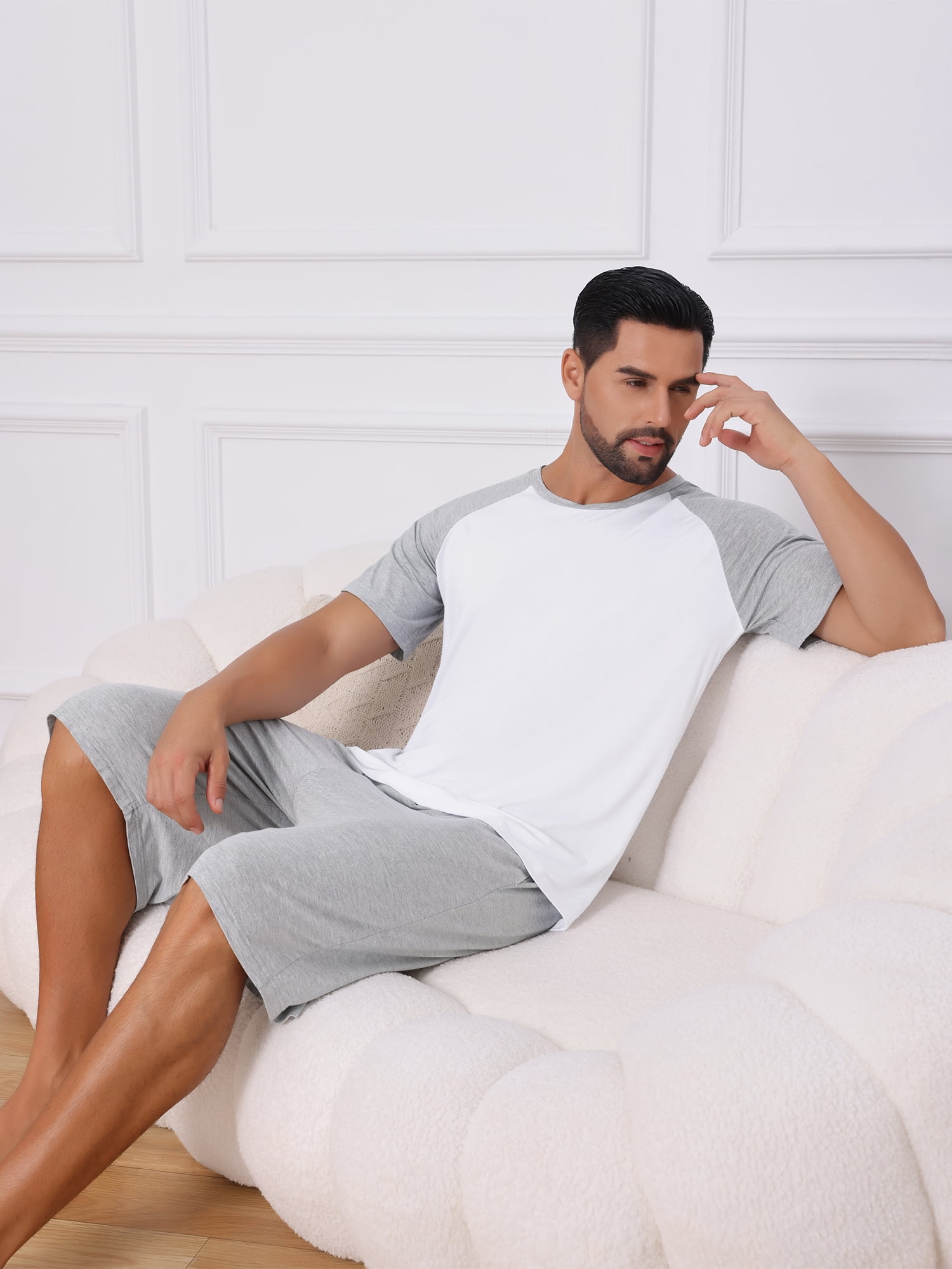 DARING DIVA Men's Sleepwear Pajama Raglan Crew Neck Drawstring Pajama Set L Gray White