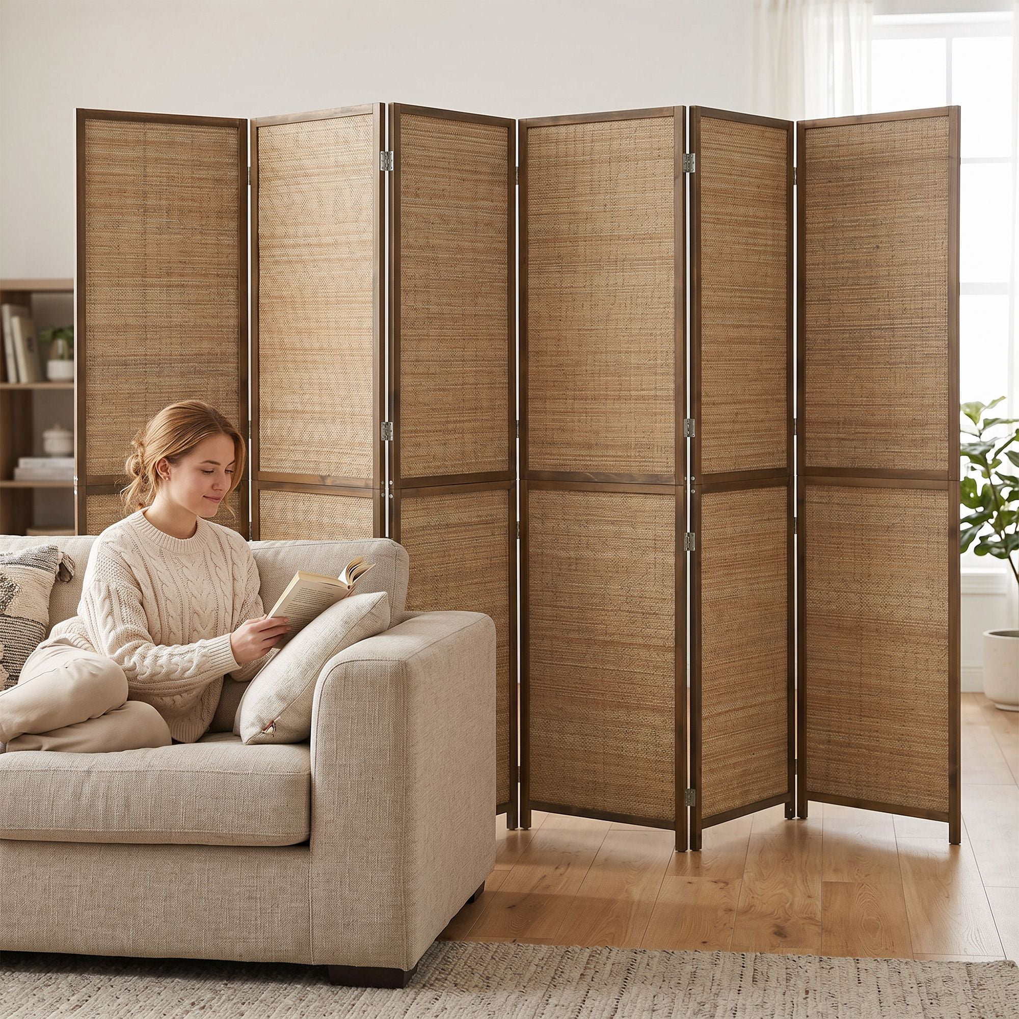Alvantor 6 Panel Room Divider 6ft Hand-Woven Bamboo Privacy Screen for Porch Living Room Dorm Brown