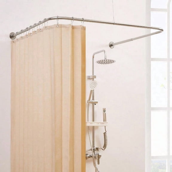U Shaped Corner Shower Curtain Rod [Both Sides: 23.6-52 Middle: 31-46.7] Adjustable U Shape Outdoor Curtain Rod for Bathroom with 12 Ring Hooks Ceiling port - Brushed Nickel