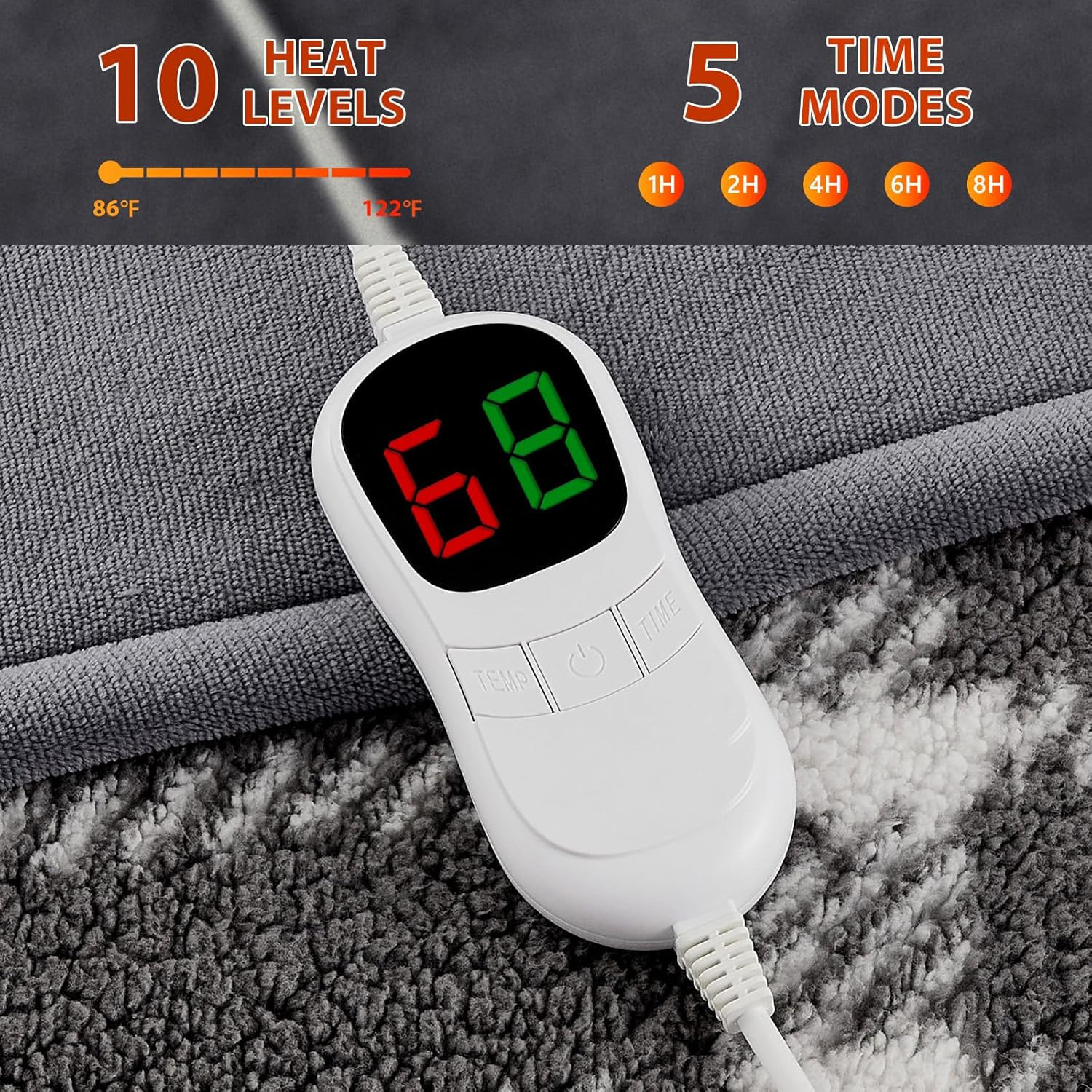 Heated Electric Blanket Queen Size - 84"x90" Flannel Heating Blanket with 10 Heating Levels & 5 Time Settings Over-Heat Protection（Grey）