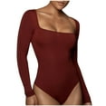 thumbnail image 2 of Elainilye Fashion Womens Bodysuit Long Sleeve Solid Color Square Neck Tight Fitting Cutout Jumpsuit Thong Shapewear,Red, 2 of 8