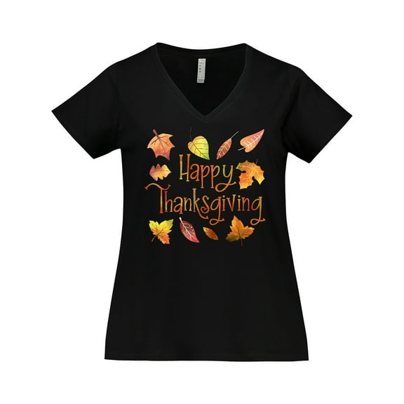 Inktastic Happy Thanksgiving Fall Leaves in Autumn Colors Women's Plus Size V-Neck T-Shirt